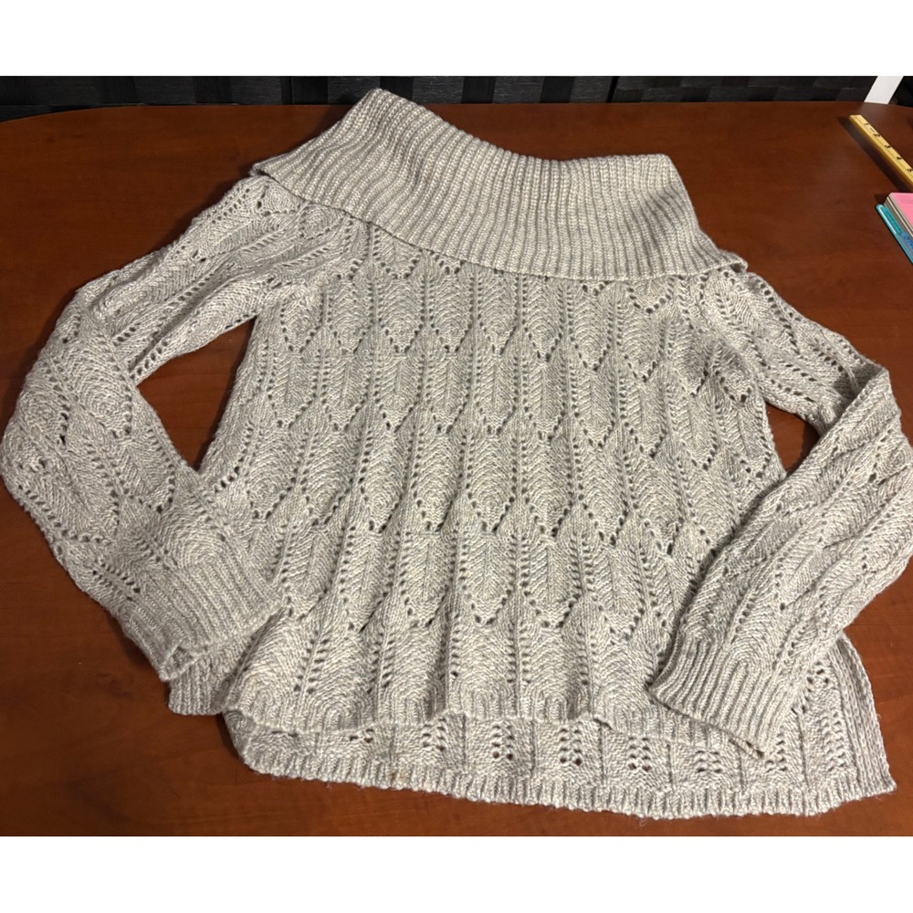 White House Black Market Gray Metallic Pointelle Cowl Neck Sweater Small
